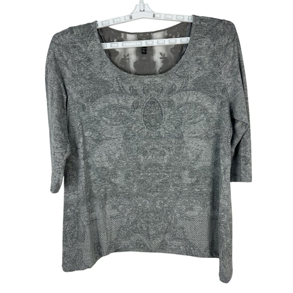 Apt. 9 Womens Gray Lace Back Embellished 3/4 Sleeve Top 0X